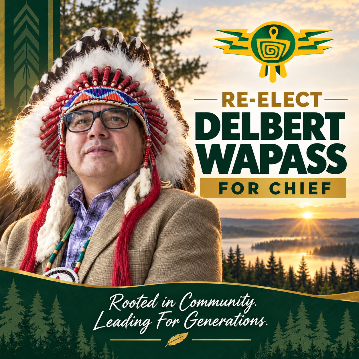 Campaign graphic: Re-Elect Delbert Wapass for Chief